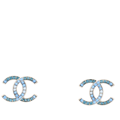 Chanel Baguette Crystal CC Earrings Silver Blue 1 of 3