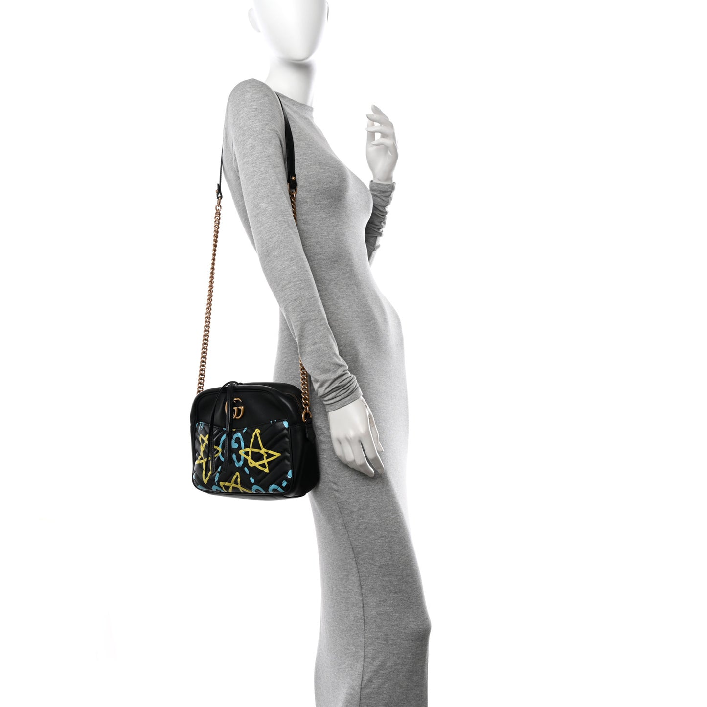 Calfskin Matelasse GucciGhost Medium GG Marmont Chain Shoulder Bag Black New Acquamarine