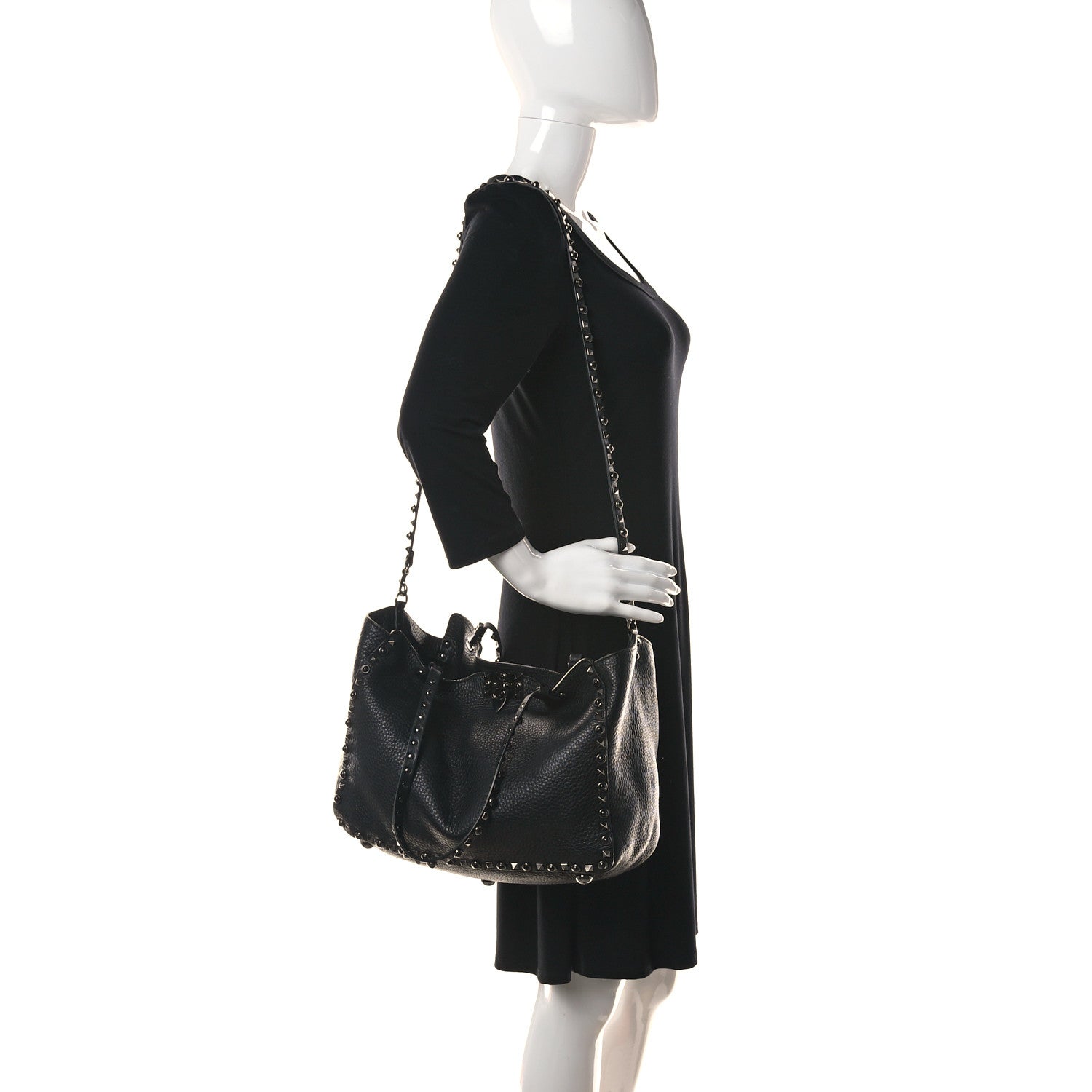 Valentino Garavani Grained Calfskin Onyx Medium Rockstud Rolling Tote Black 2 of 14