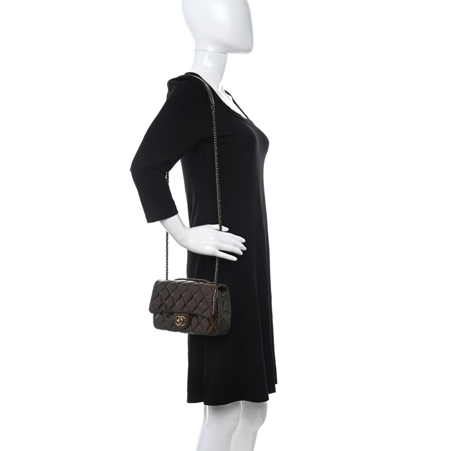Patent Goatskin Quilted Small CC Eyelet Flap Khaki