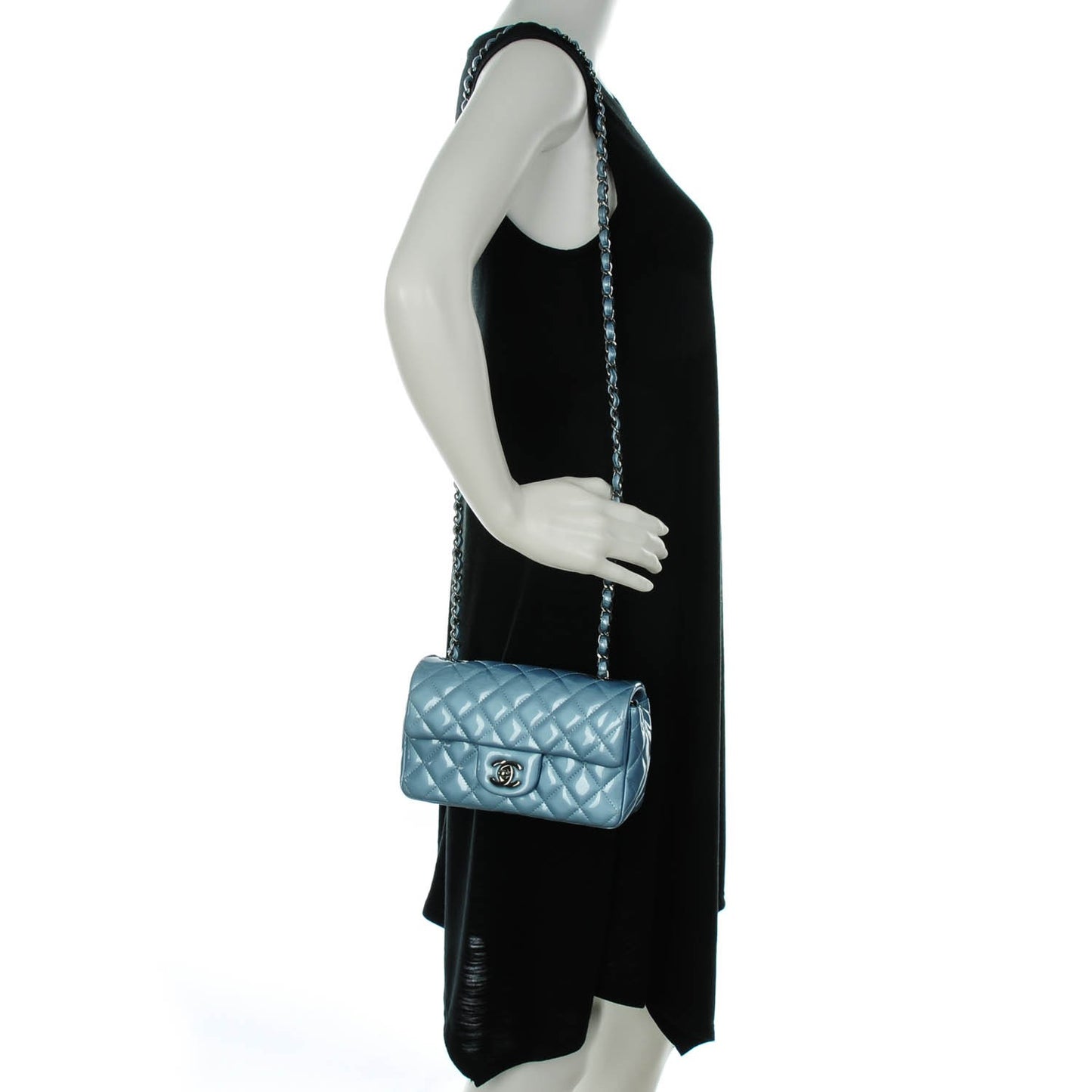 Patent Calfskin Quilted Mini Rectangular Flap Blue