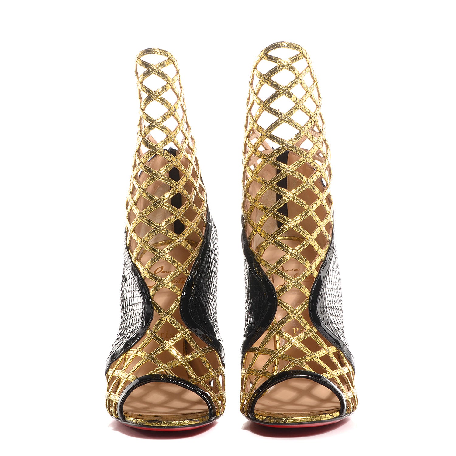 Christian Louboutin Watersnake Python Patent Bougliona 100 Ankle Booties 38 Black Gold 2 of 5