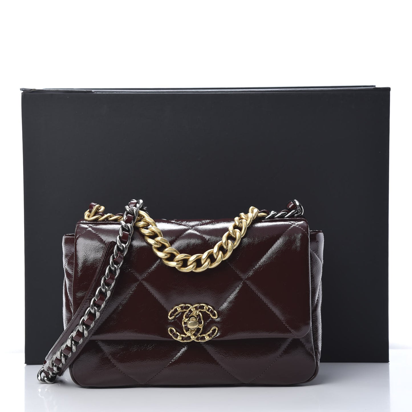 Shiny Crumpled Calfskin Quilted Medium 19 Flap Burgundy