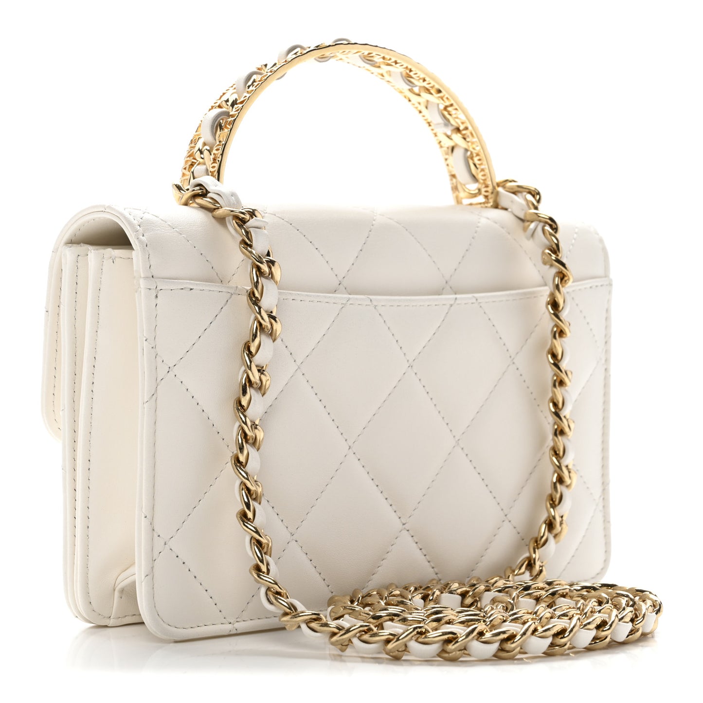 Shiny Calfskin Quilted Mini Metal Top Handle Flap White