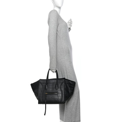 Celine Crocodile Embossed Calfskin Medium Phantom Luggage Black 2 of 8