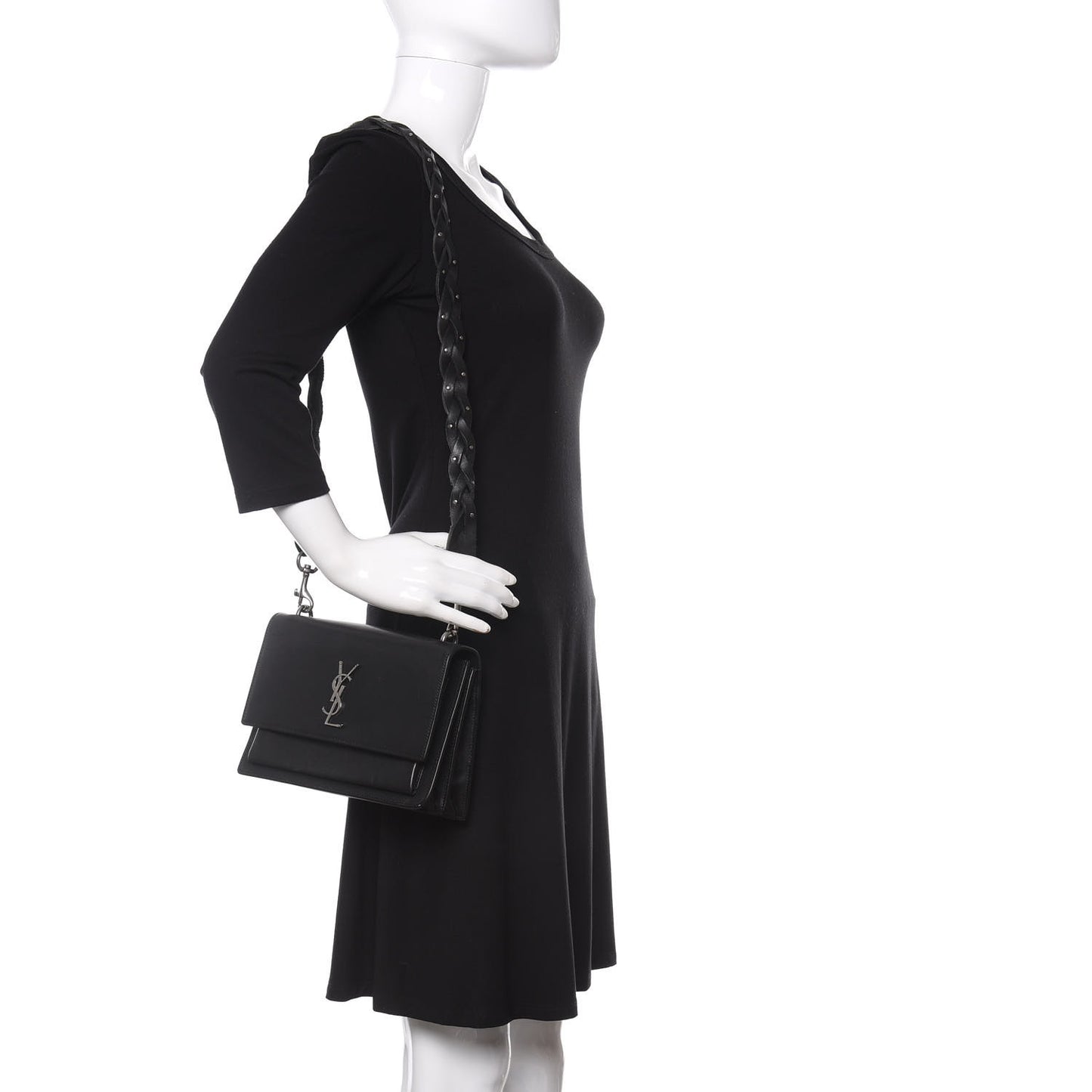 Calfskin Medium Monogram Sunset Shoulder Bag With Braided Strap Black