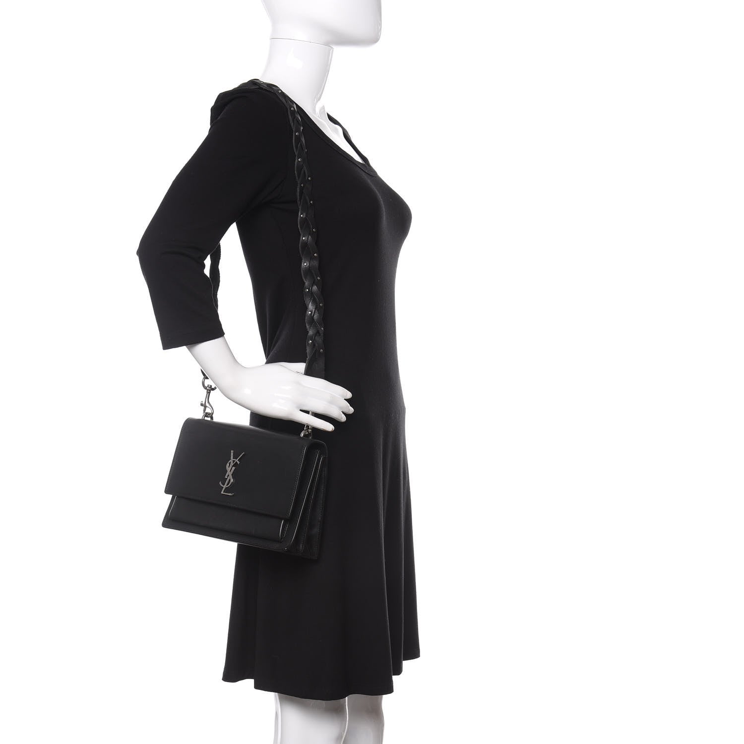 Saint Laurent Calfskin Medium Monogram Sunset Shoulder Bag With Braided Strap Black 2 of 12