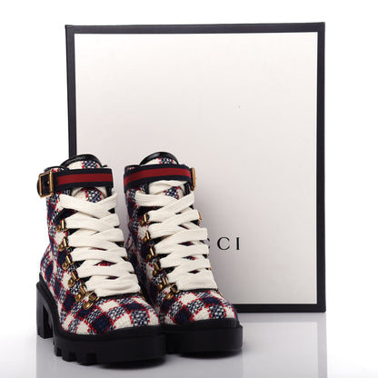 Gucci Vintage Tweed Check Lace Up Combat Ankle Boots 35 White Hibiscus Red Marine 11 of 11