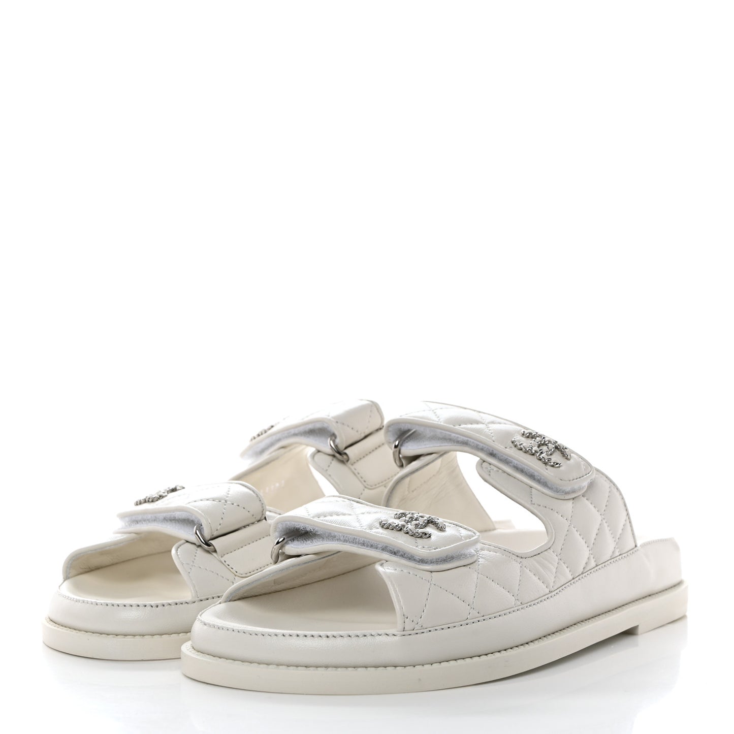 Lambskin Quilted Velcro Dad Chain CC Slide Sandals 39 White
