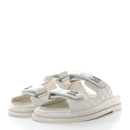 Chanel Lambskin Quilted Velcro Dad Chain CC Slide Sandals 39 White 3 of 9