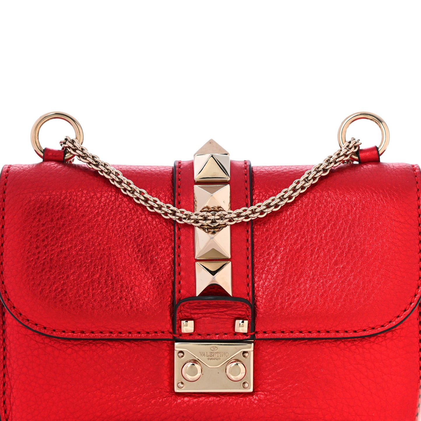 Metallic Vitello Small Glam Lock Rockstud Flap Red