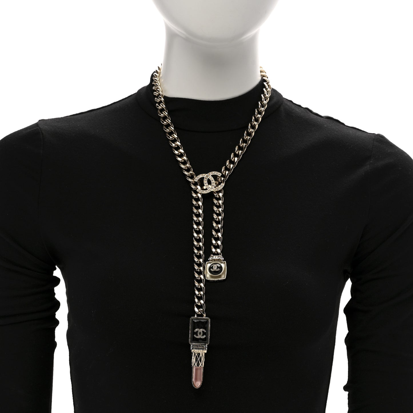 Metal Strass Pearl Lipstick Necklace Pink Gold