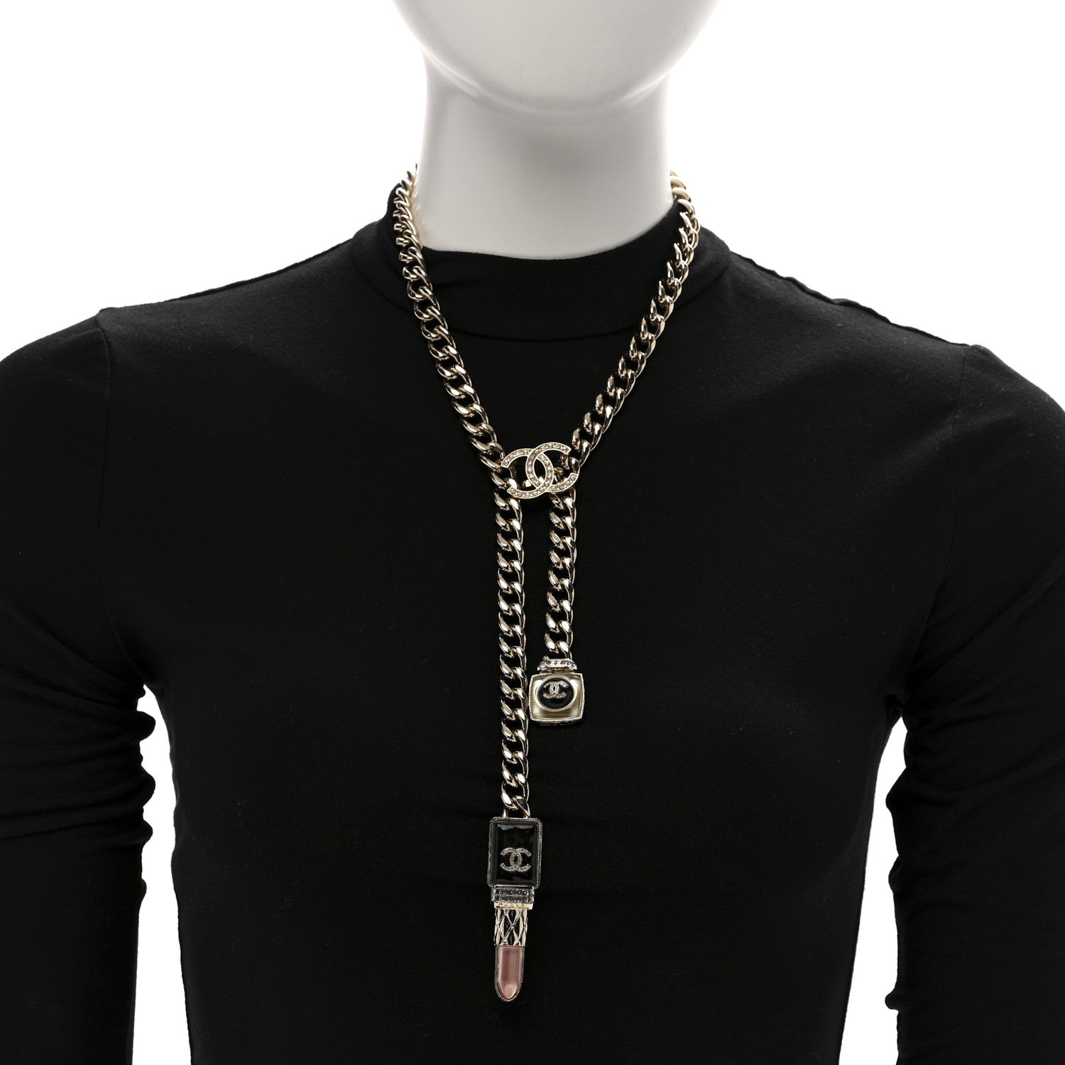 Chanel Metal Strass Pearl Lipstick Necklace Pink Gold 2 of 7