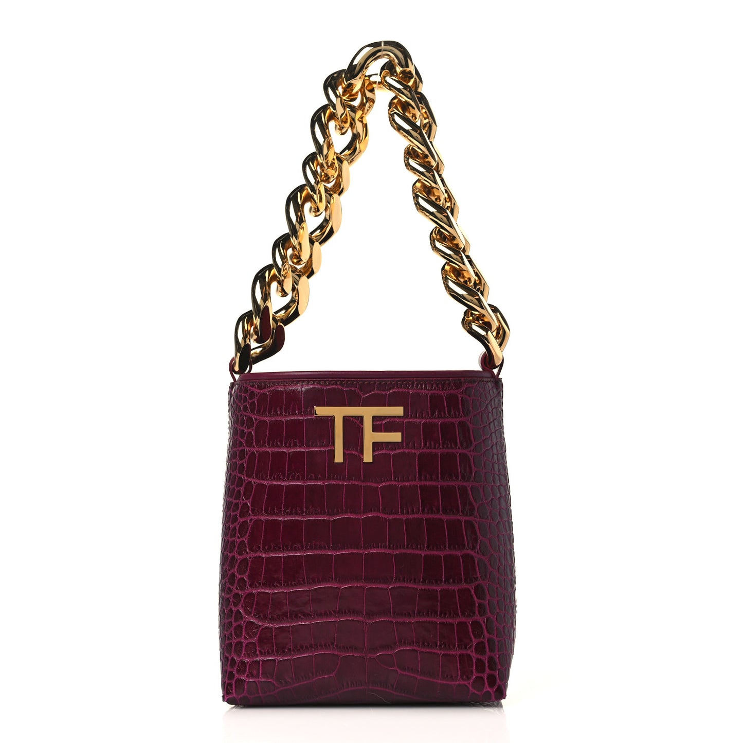 Calfskin Crocodile Embossed Mini Chain Bucket Bag Cranberry