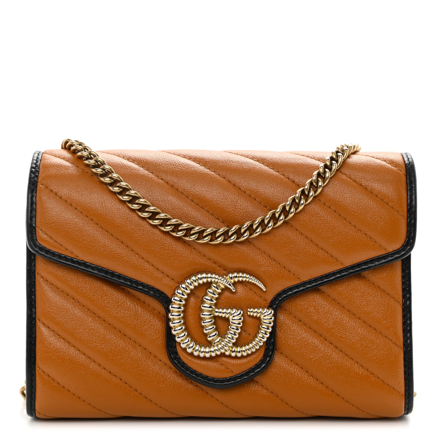 Gucci Vintage Effect Calfskin Matelasse Diagonal Torchon GG Marmont Chain Wallet Cognac 1 of 9