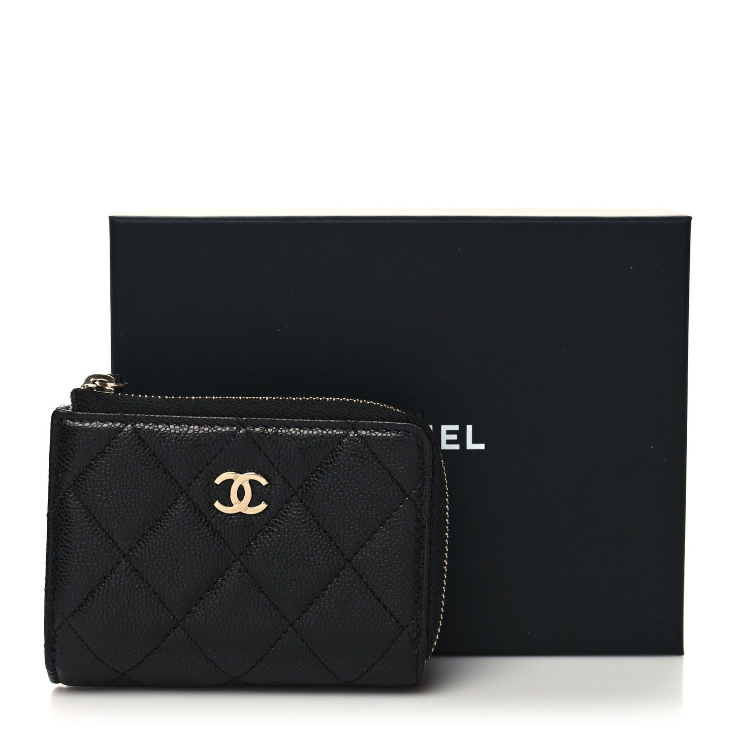 Caviar Quilted CC Zip Compact Trifold Wallet Black
