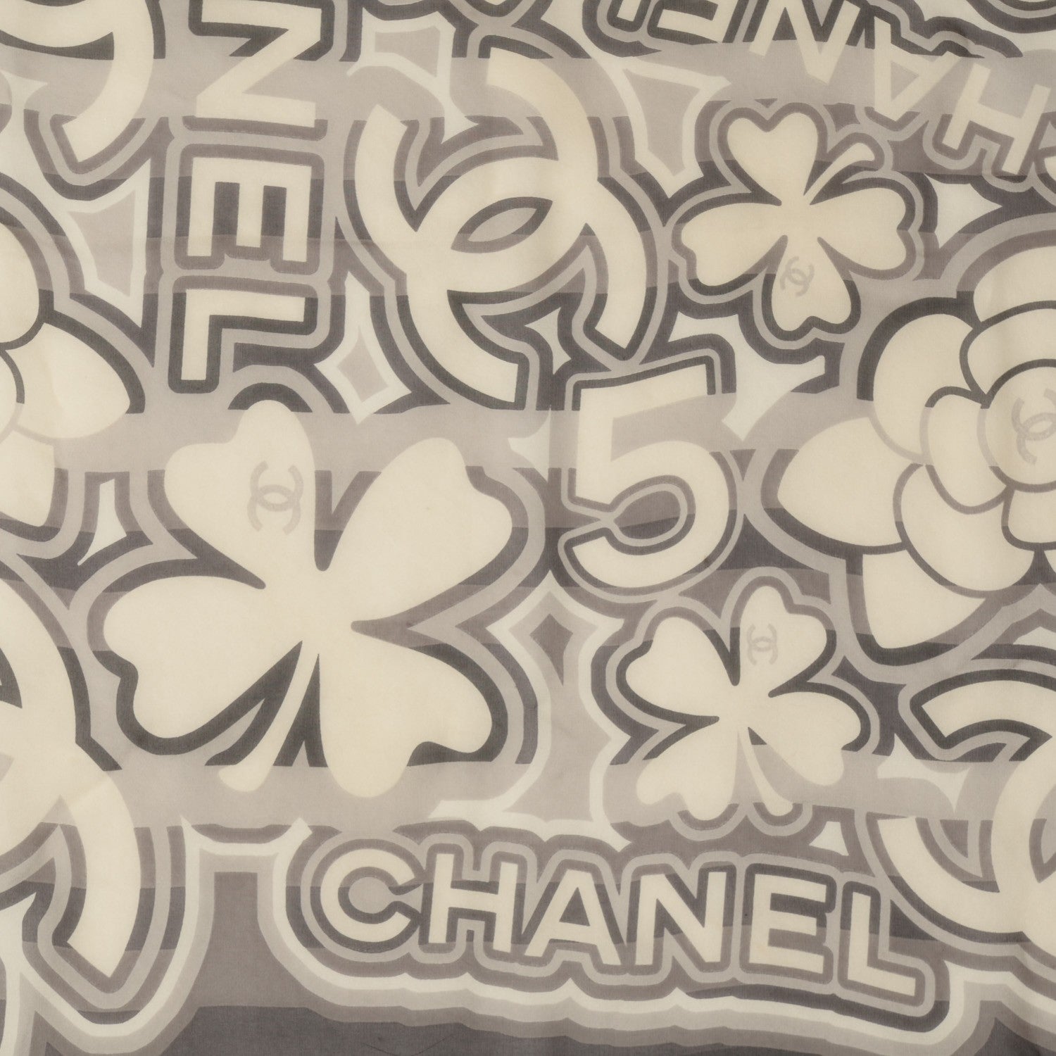 Chanel Silk CC Camellia Clover Square Scarf Black White 1 of 5