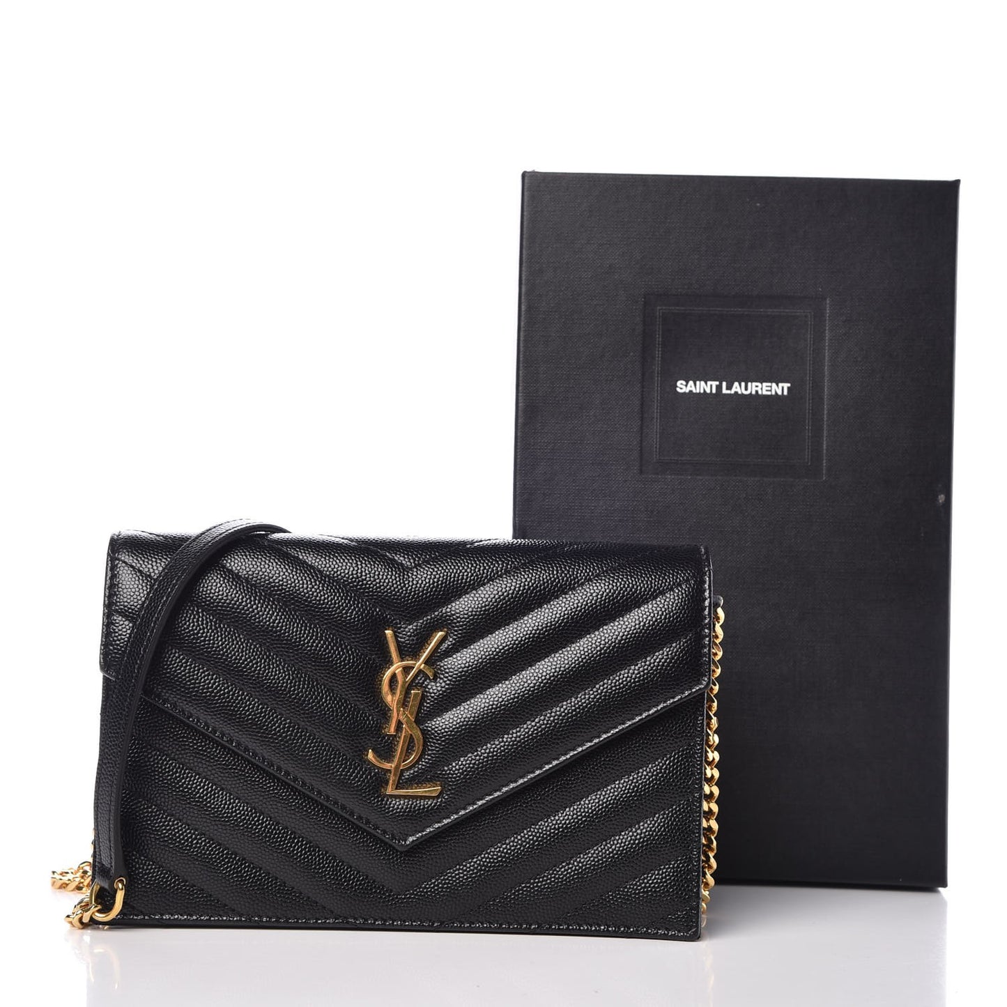 Grain De Poudre Matelasse Chevron Monogram Envelope Chain Wallet Black