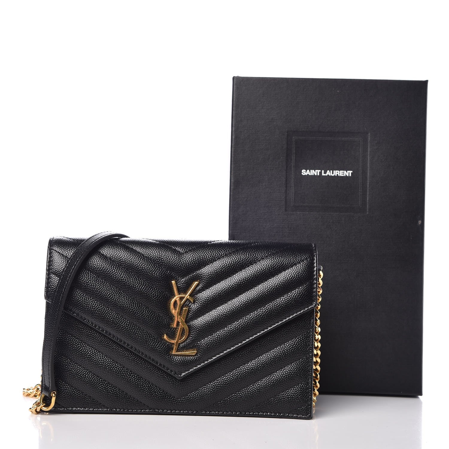 Saint Laurent Grain De Poudre Matelasse Chevron Monogram Envelope Chain Wallet Black 7 of 7