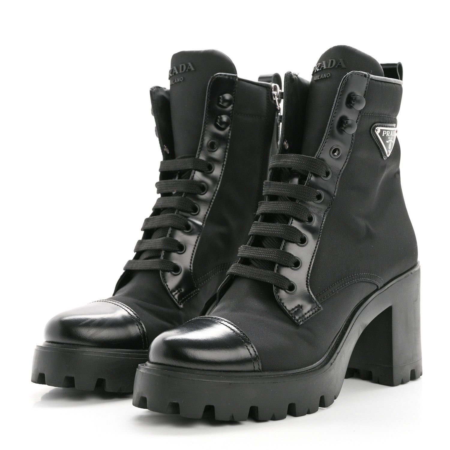 Prada Spazzolato Re-Nylon Metal Triangle Logo Lace Up 55mm Ankle Boots 38.5 Black 3 of 11