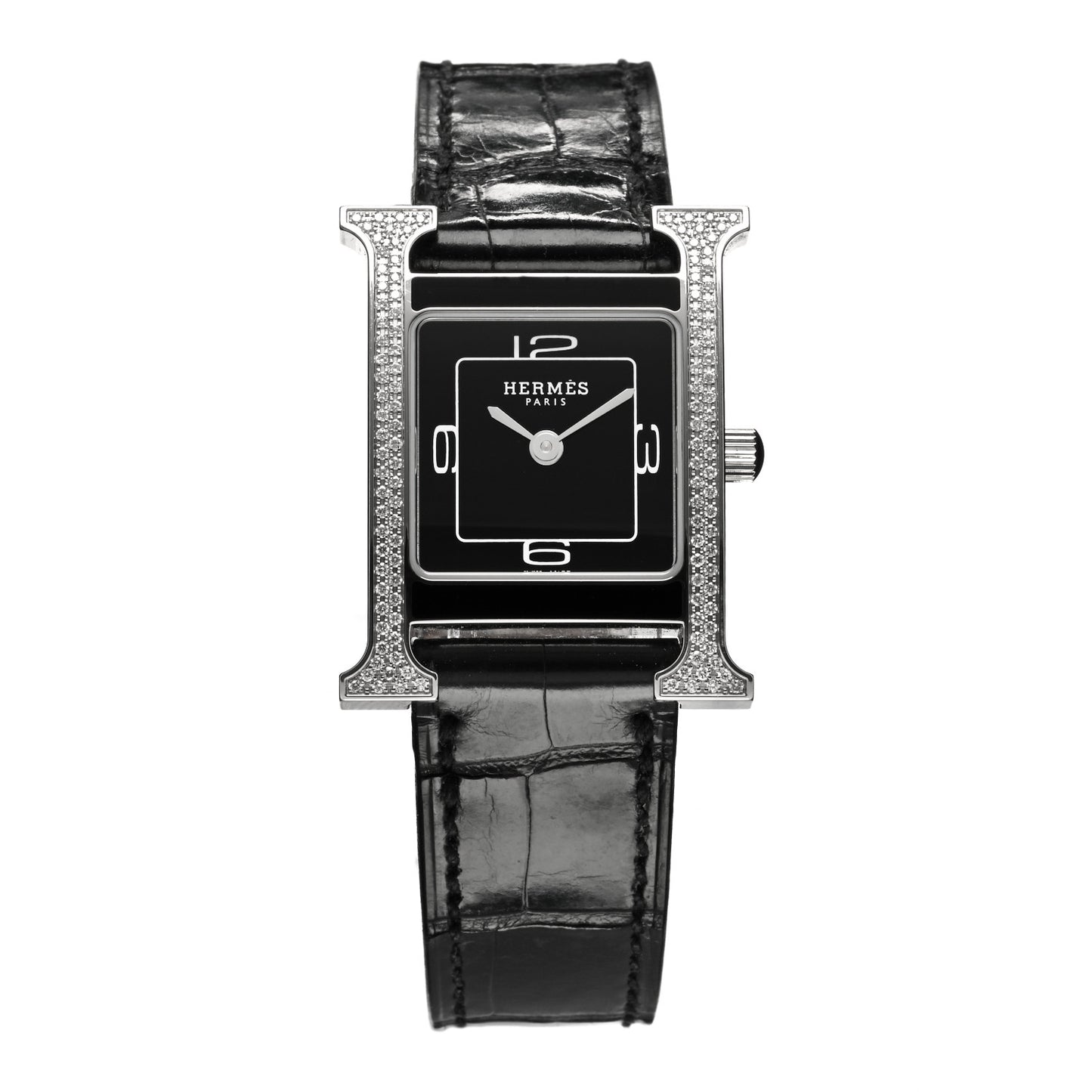 Stainless Steel Alligator Diamond Lacquer 21mm Heure H Hour Double Jeu Quartz Watch Noir