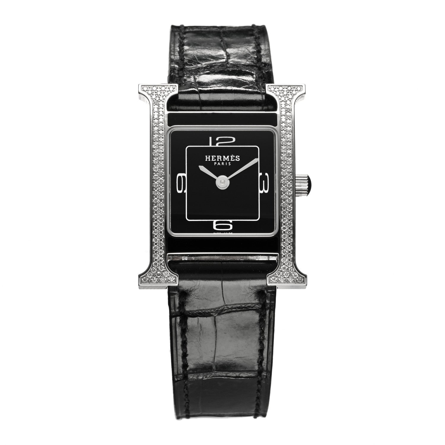 Hermes Stainless Steel Alligator Diamond Lacquer 21mm Heure H Hour Double Jeu Quartz Watch Noir 1 of 4