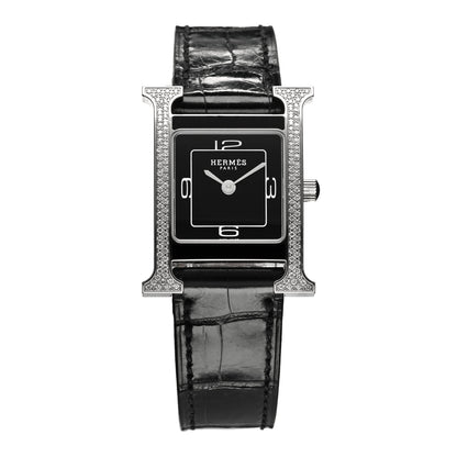 Hermes Stainless Steel Alligator Diamond Lacquer 21mm Heure H Hour Double Jeu Quartz Watch Noir 1 of 4
