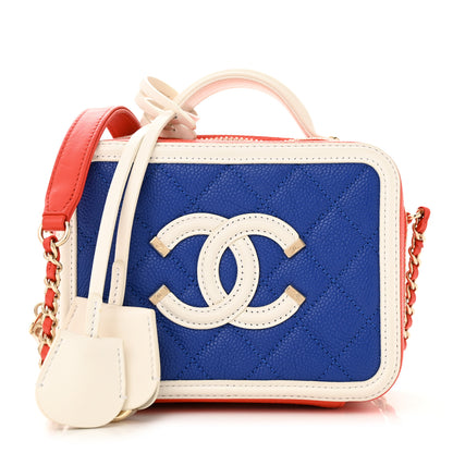 Chanel Caviar Quilted Small CC Filigree Vanity Case Blue White Red 1 of 10
