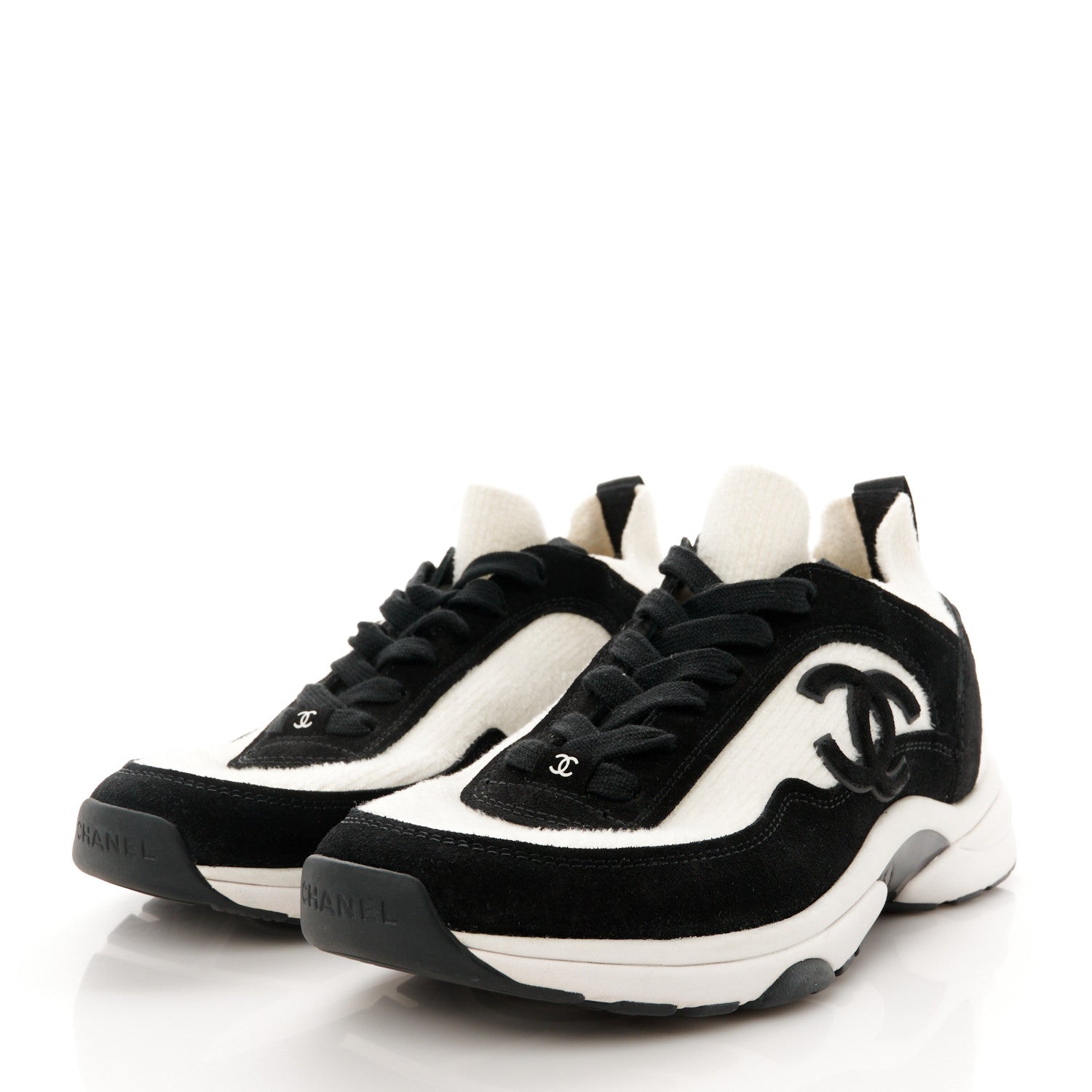 Chanel Fabric Suede Calfskin CC Sneakers 39.5 White Black 3 of 9
