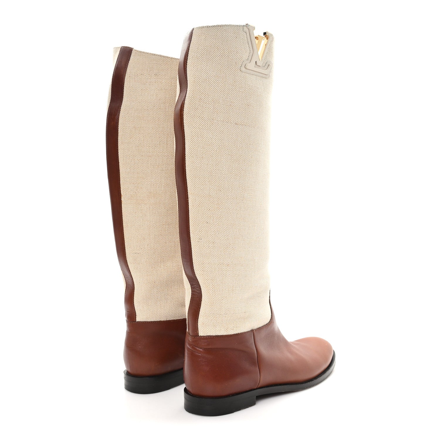 Louis Vuitton Canvas Calfskin Heritage Flat High Boots 38 Beige Brown 5 of 9