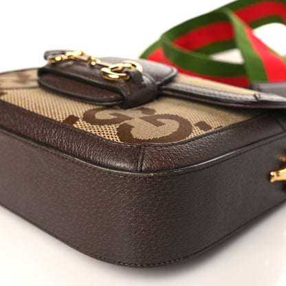 Gucci Monogram Jumbo GG Textured Dollar Calfskin Web Mini Horsebit 1955 Shoulder Bag Camel Ebony New Acero 9 of 10