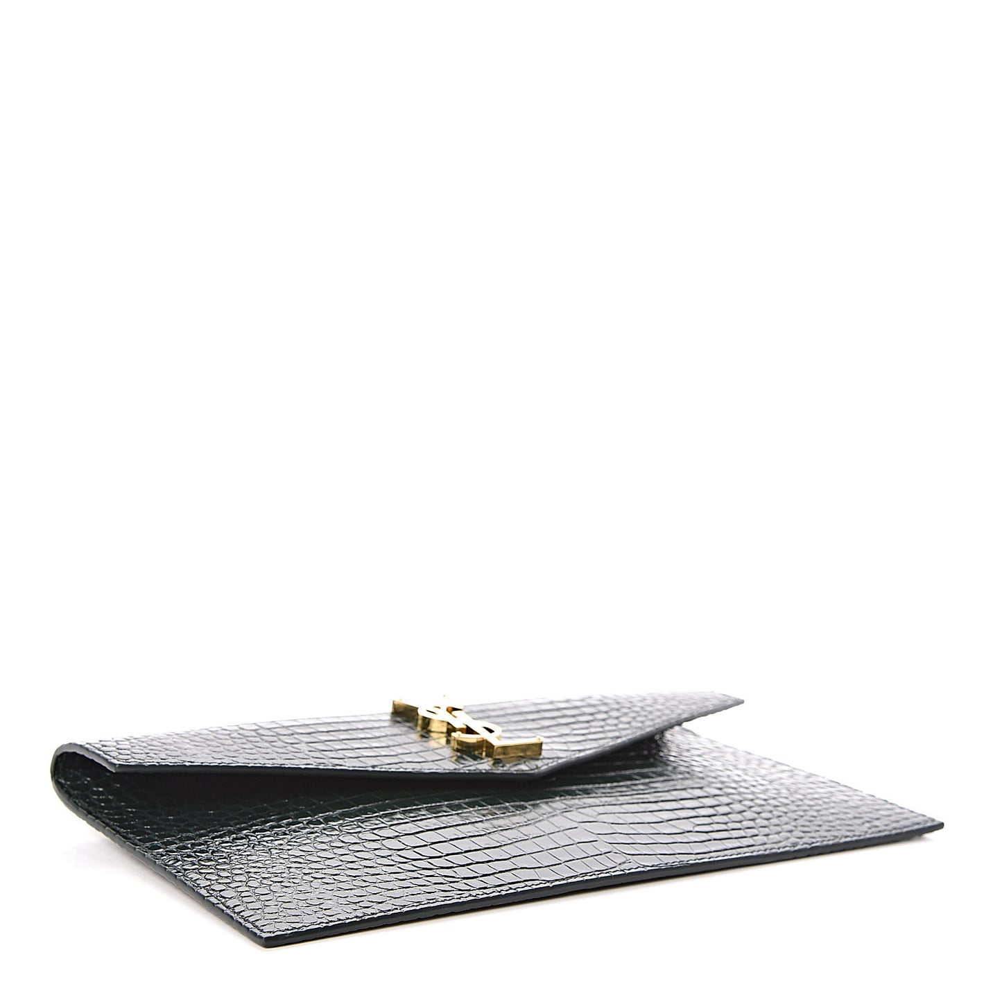 Calfskin Crocodile Embossed Uptown Monogram Clutch Dark Mint