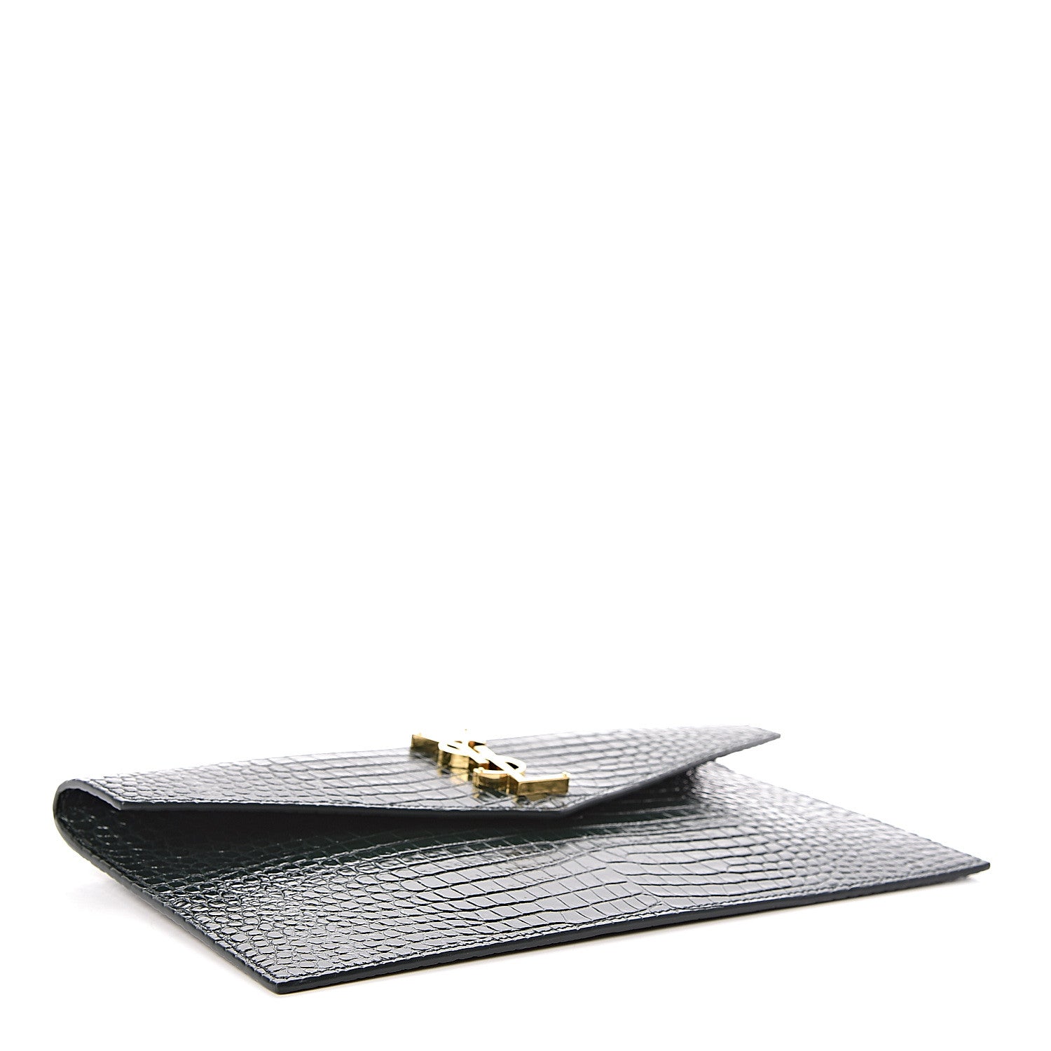 Saint Laurent Calfskin Crocodile Embossed Uptown Monogram Clutch Dark Mint 4 of 7