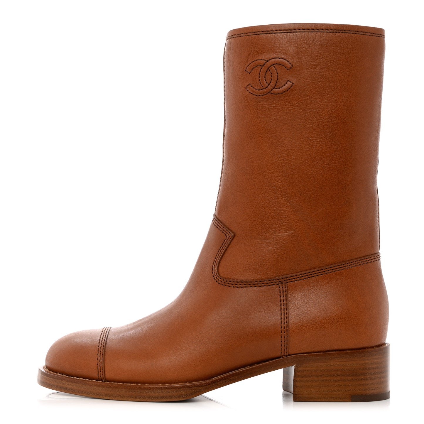 Calfskin CC Logo Mid Calf Boots 38 Caramel