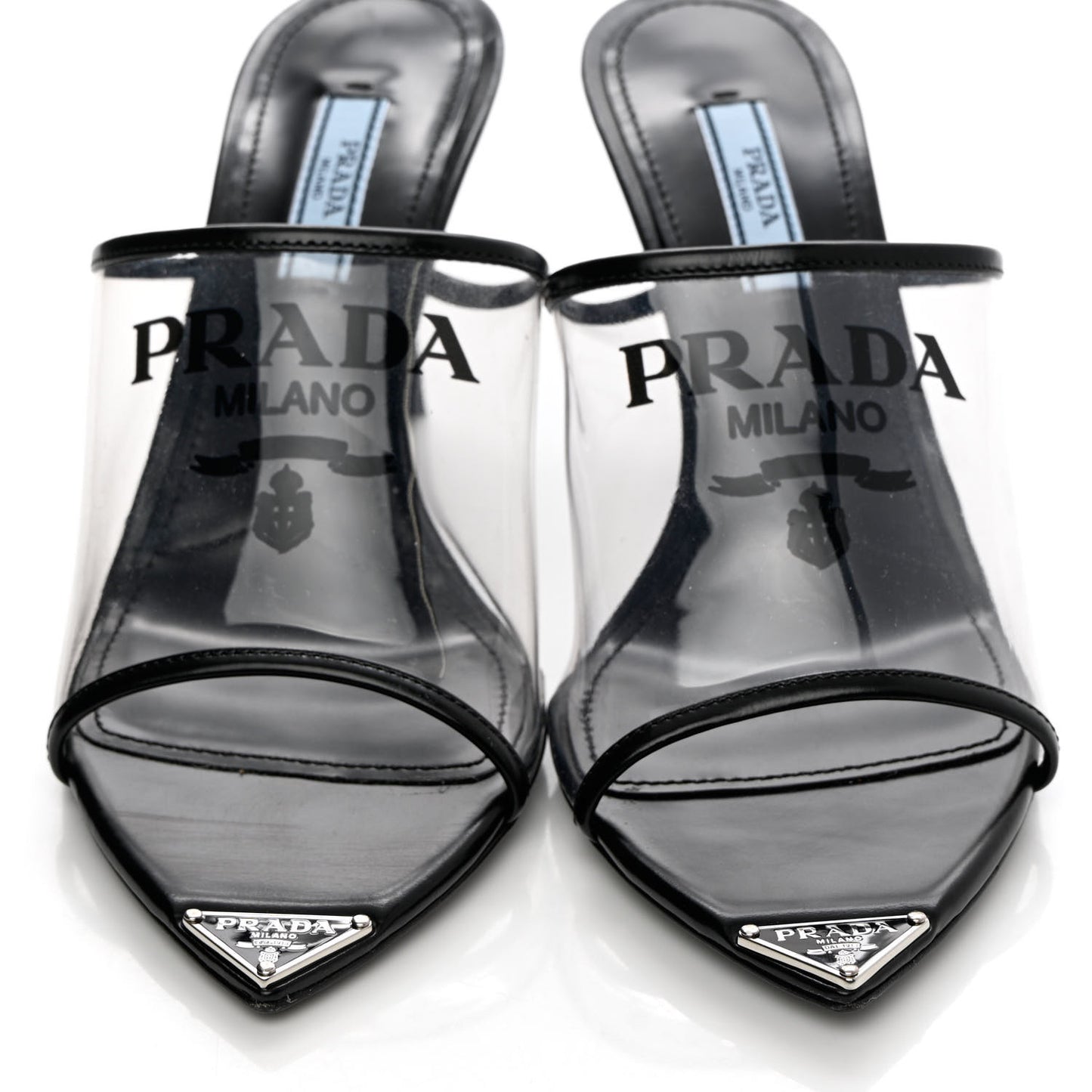 Plexiglass Calfskin Metal Triangle Logo 75mm Slide Sandals 37.5 Black