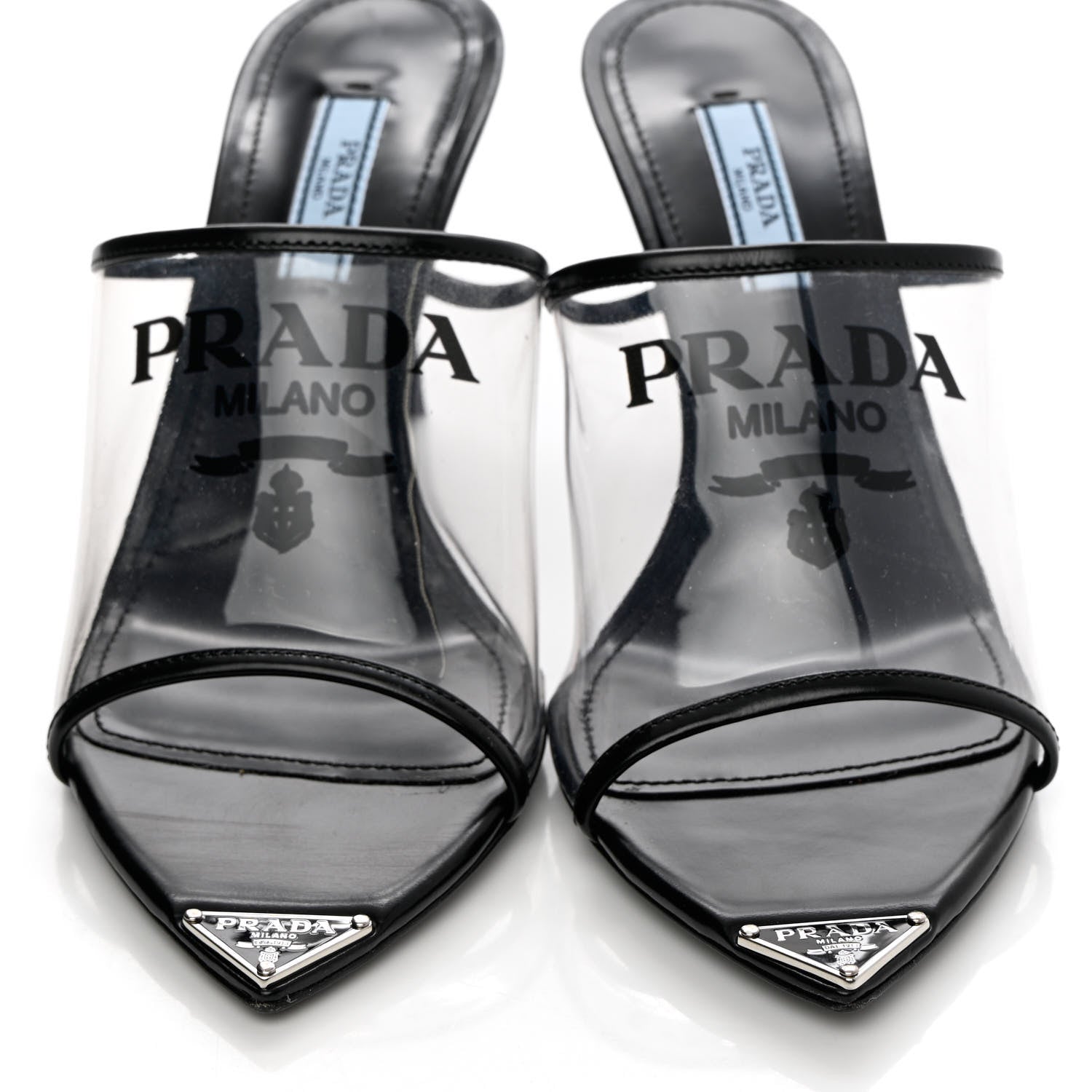 Prada Plexiglass Calfskin Metal Triangle Logo 75mm Slide Sandals 37.5 Black 5 of 12