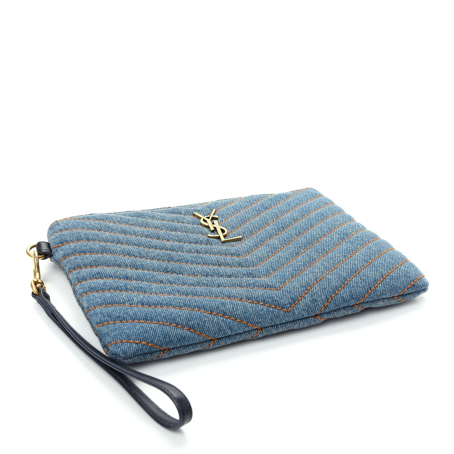 Saint Laurent Denim Matelasse Chevron Monogram A5 Wristlet Blue 4 of 8