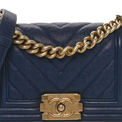 Chanel Caviar Chevron Quilted Small Boy Flap Navy Blue 5 of 11