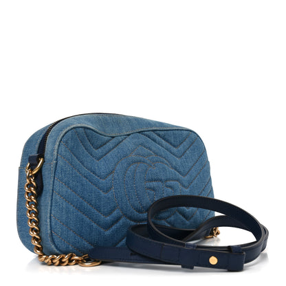 Gucci Denim Matelasse Embroidered Small GG Marmont Chain Shoulder Bag Blue 3 of 11