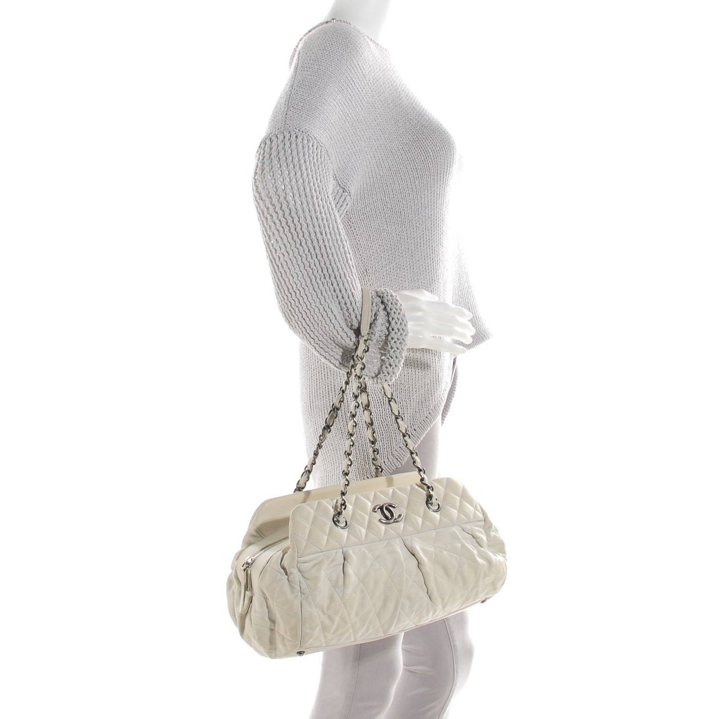 Iridescent Calfskin Chic Quilt Bowling Bag White
