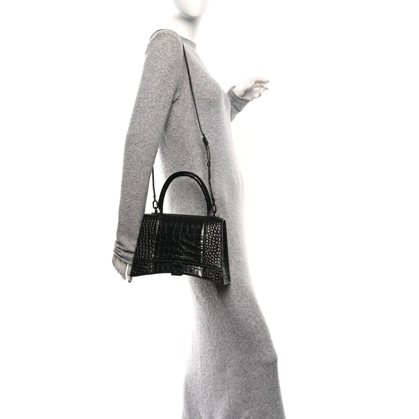 Shiny Calfskin Monochrome Crocodile Embossed Medium Hourglass Top Handle Bag Black