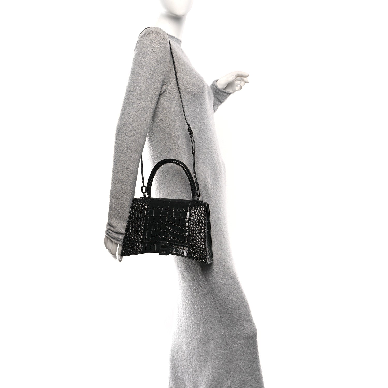Balenciaga Shiny Calfskin Monochrome Crocodile Embossed Medium Hourglass Top Handle Bag Black 2 of 10