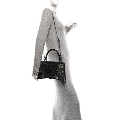 Balenciaga Shiny Calfskin Monochrome Crocodile Embossed Medium Hourglass Top Handle Bag Black 2 of 10