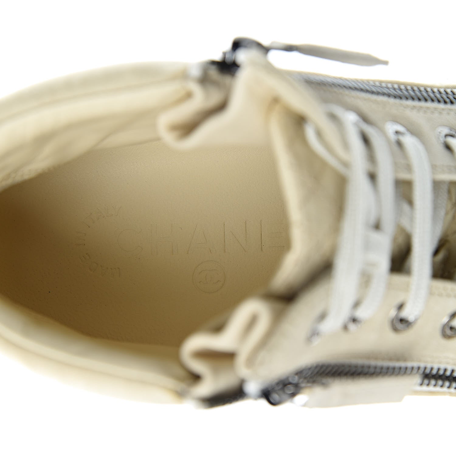 Chanel Toile Suede Calfskin CC High Top Sneakers 37 Beige White 6 of 11