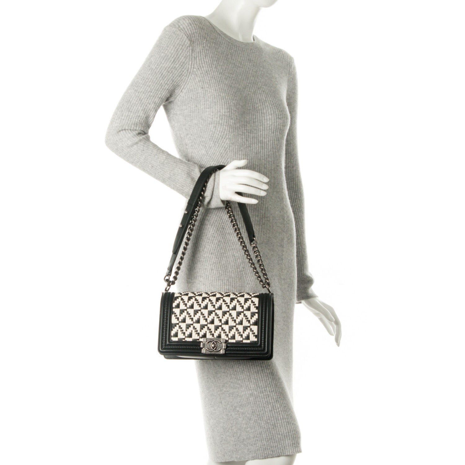 Chanel Calfskin Woven Medium Boy Flap Black White 3 of 9