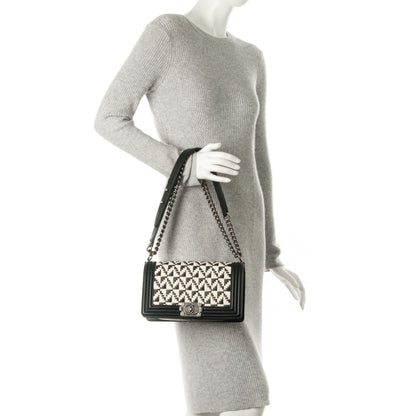 Chanel Calfskin Woven Medium Boy Flap Black White 3 of 9