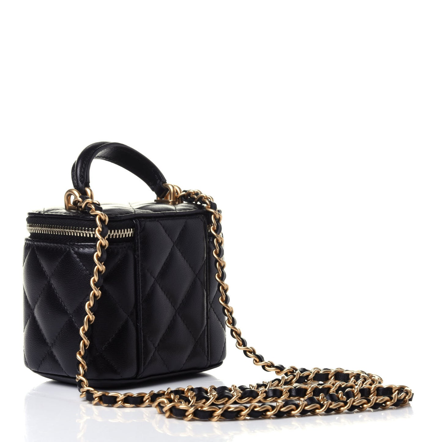 Lambskin Quilted Top Handle Mini Vanity Case With Chain Black