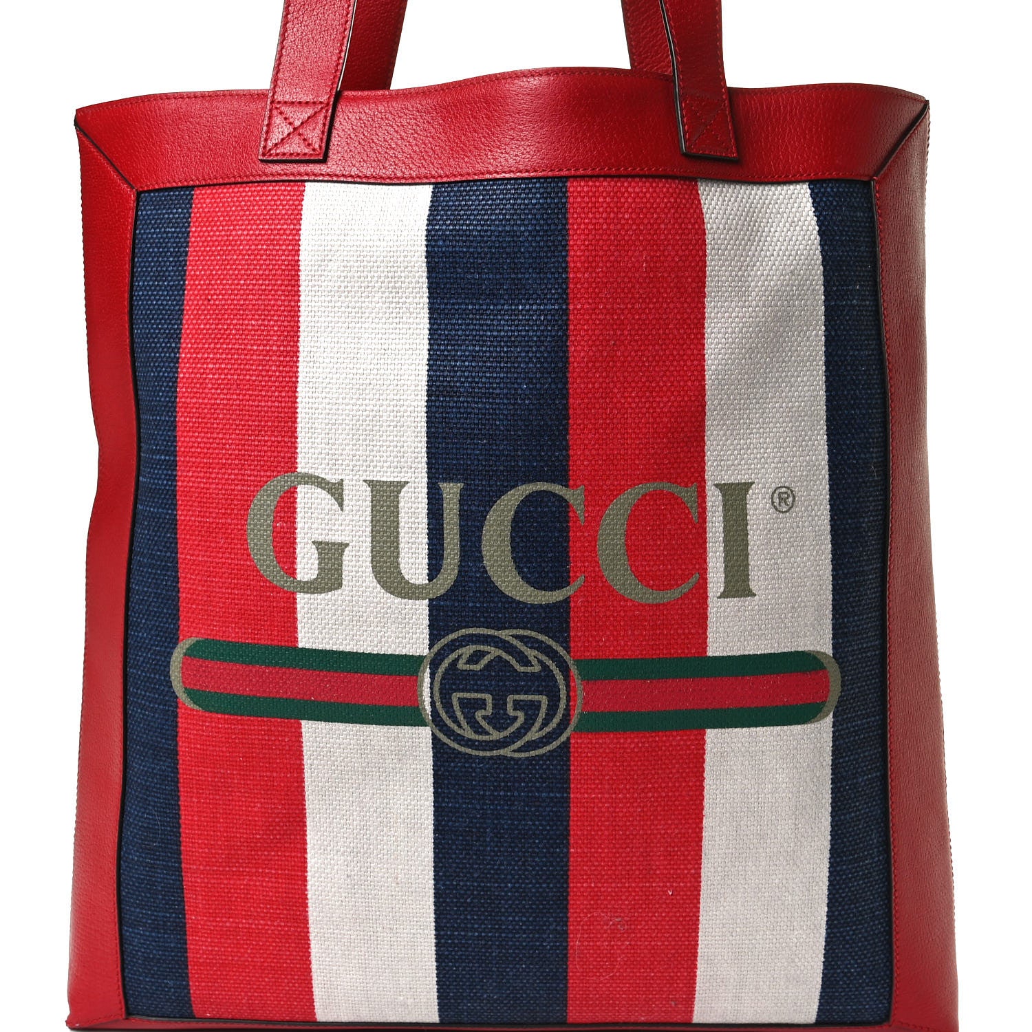 Gucci Canvas Calfskin Sylvie Stripe Logo Mens Tote Red White Blue 9 of 14