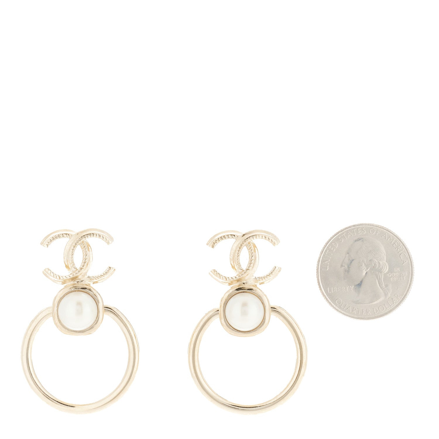 Chanel Metal Pearl CC Hoop Drop Earrings Gold 2 of 4