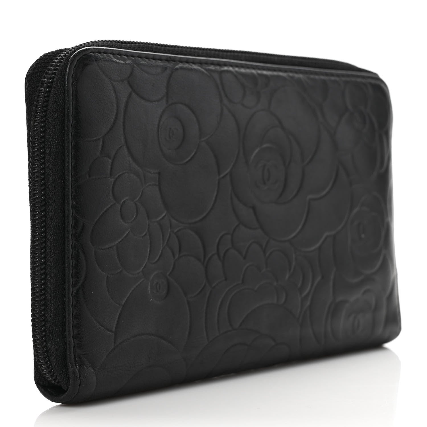 Chanel Lambskin Camellia Embossed Zip Around Organizer Wallet Black 3 of 7